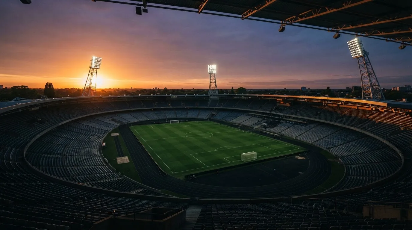 Un estadio de fútbol vacío con torres de iluminación al atardecer
