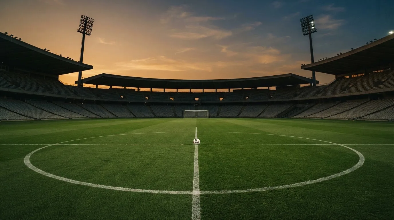 Un estadio de fútbol vacío con torres de iluminación al atardecer