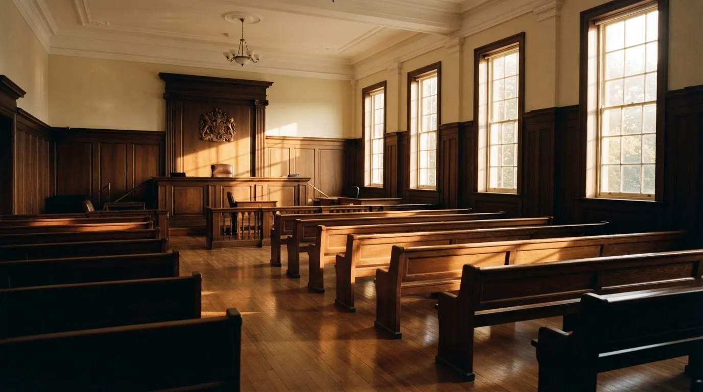 Una sala de tribunal vacía con bancos de madera a la luz de la mañana