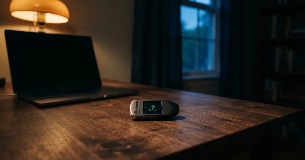 Un monedero físico de criptomonedas y un portátil cerrado sobre un escritorio con poca luz