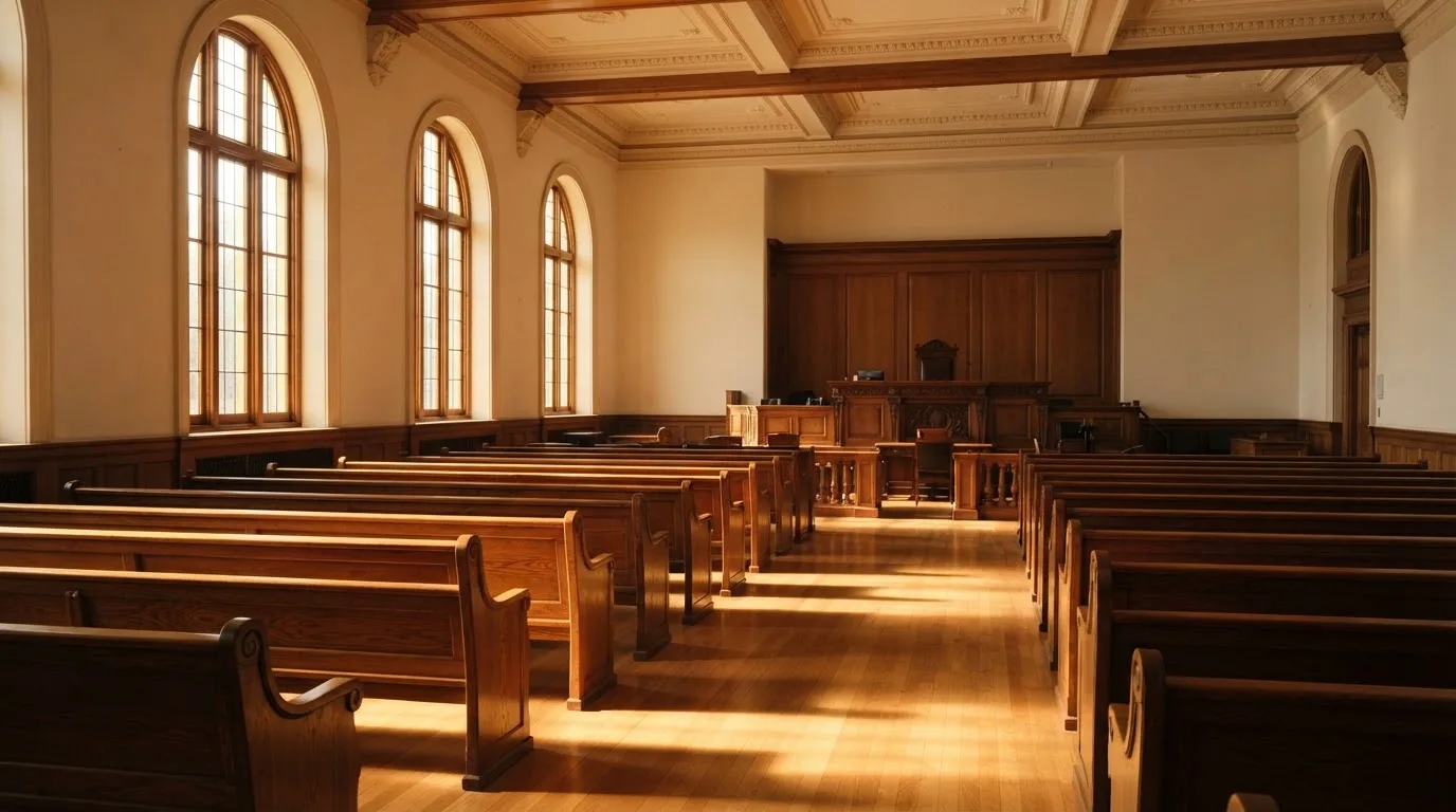 Una sala de tribunal vacía con bancos de madera a la luz de la mañana