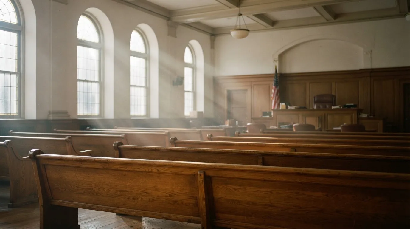 Una sala de tribunal vacía con bancos de madera a la luz de la mañana