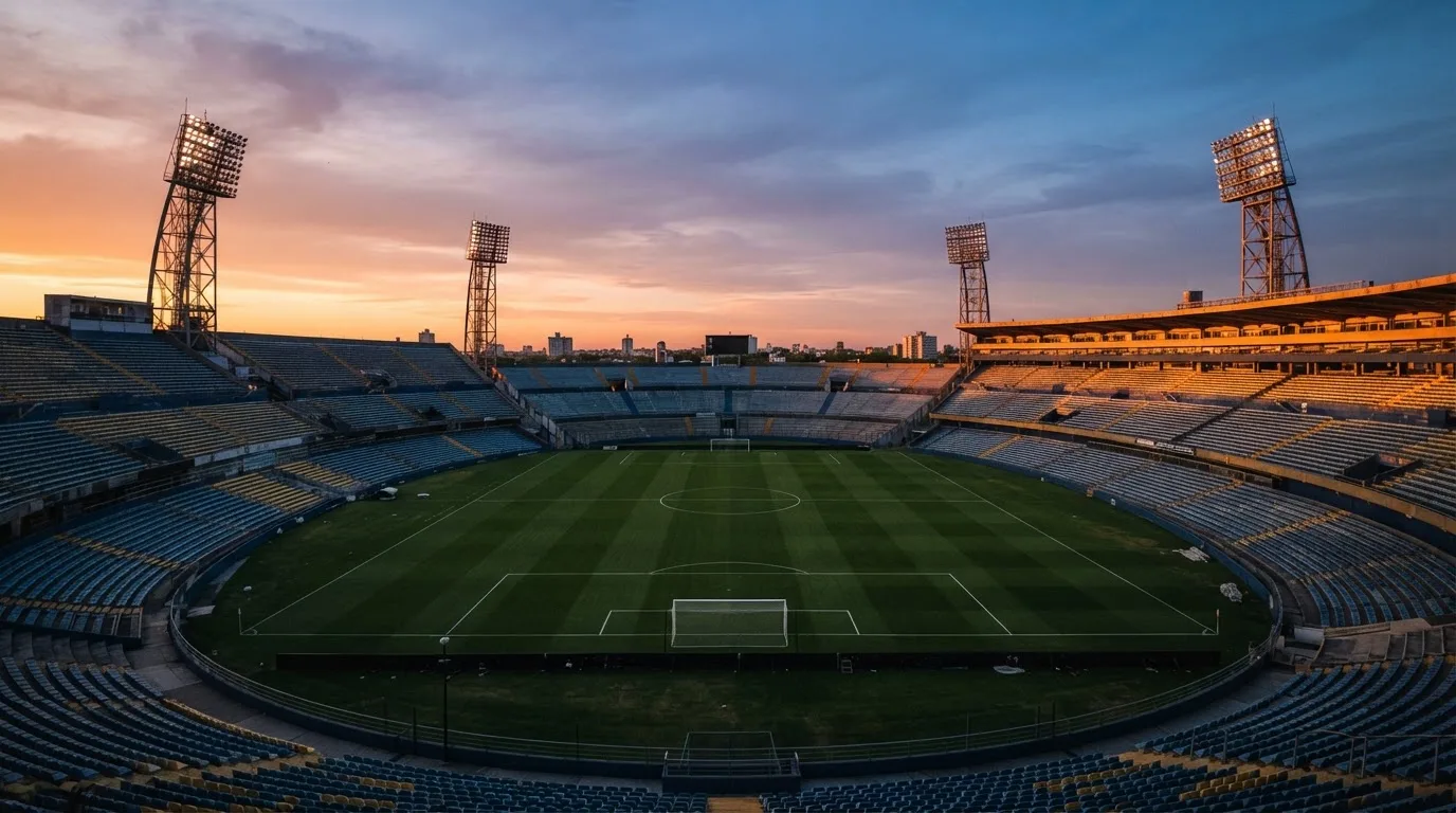 Un estadio de fútbol vacío con torres de iluminación al atardecer