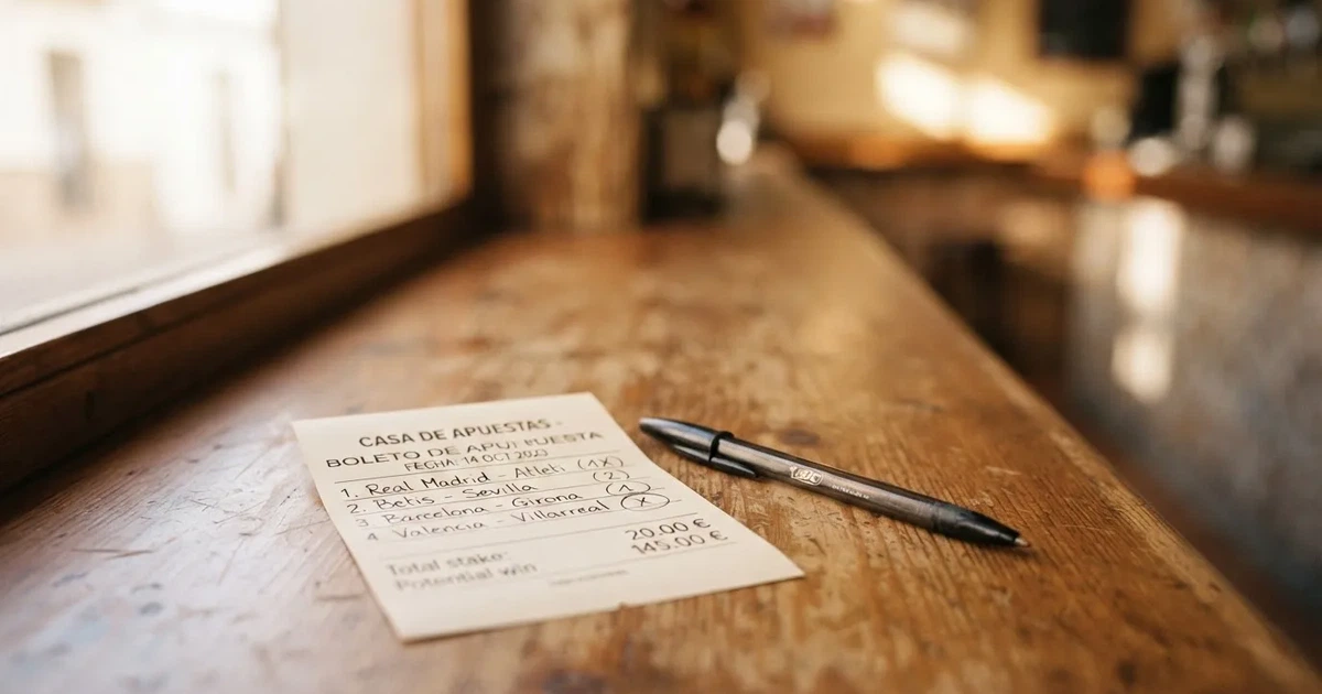 Un boleto de papel en blanco junto a un bolígrafo sobre un mostrador de madera