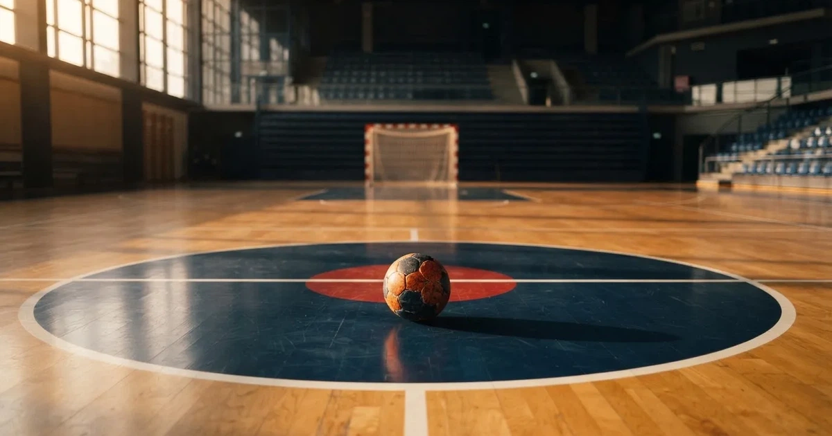 Un balón en el punto central de un campo de césped a la luz de la mañana