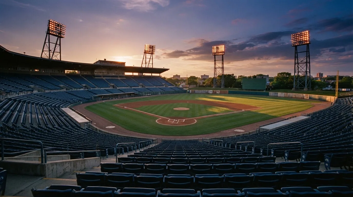 Un estadio de fútbol vacío con torres de iluminación al atardecer