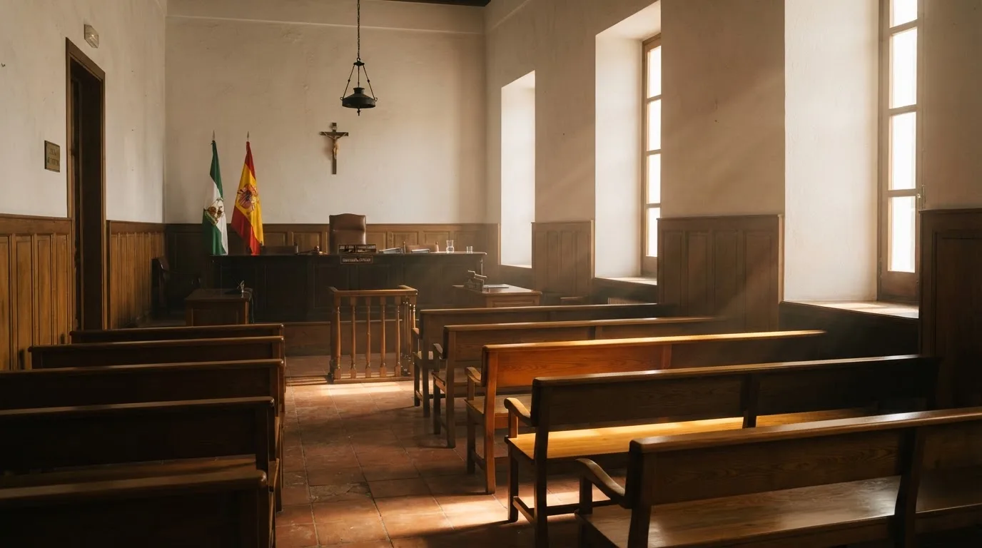 Una sala de tribunal vacía con bancos de madera a la luz de la mañana