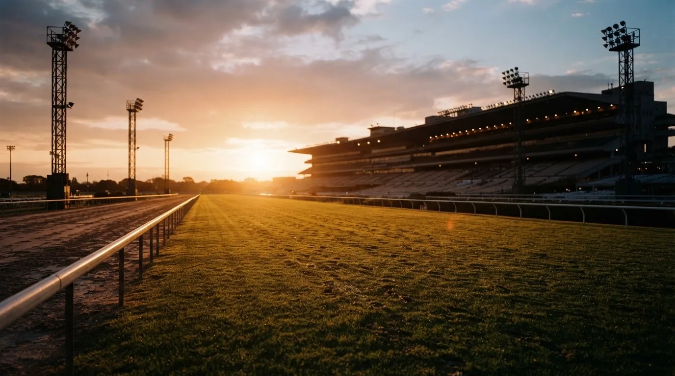 Un estadio de fútbol vacío con torres de iluminación al atardecer