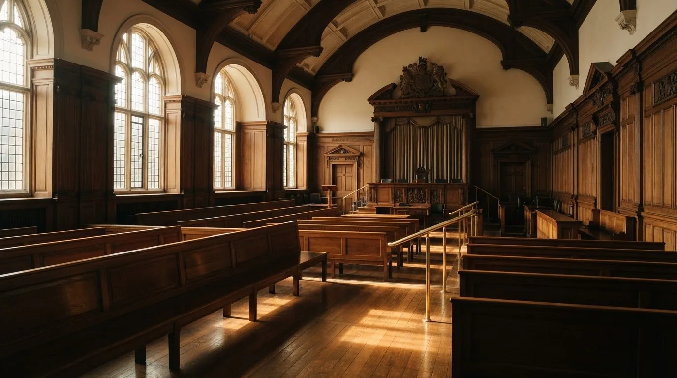 Una sala de tribunal vacía con bancos de madera a la luz de la mañana