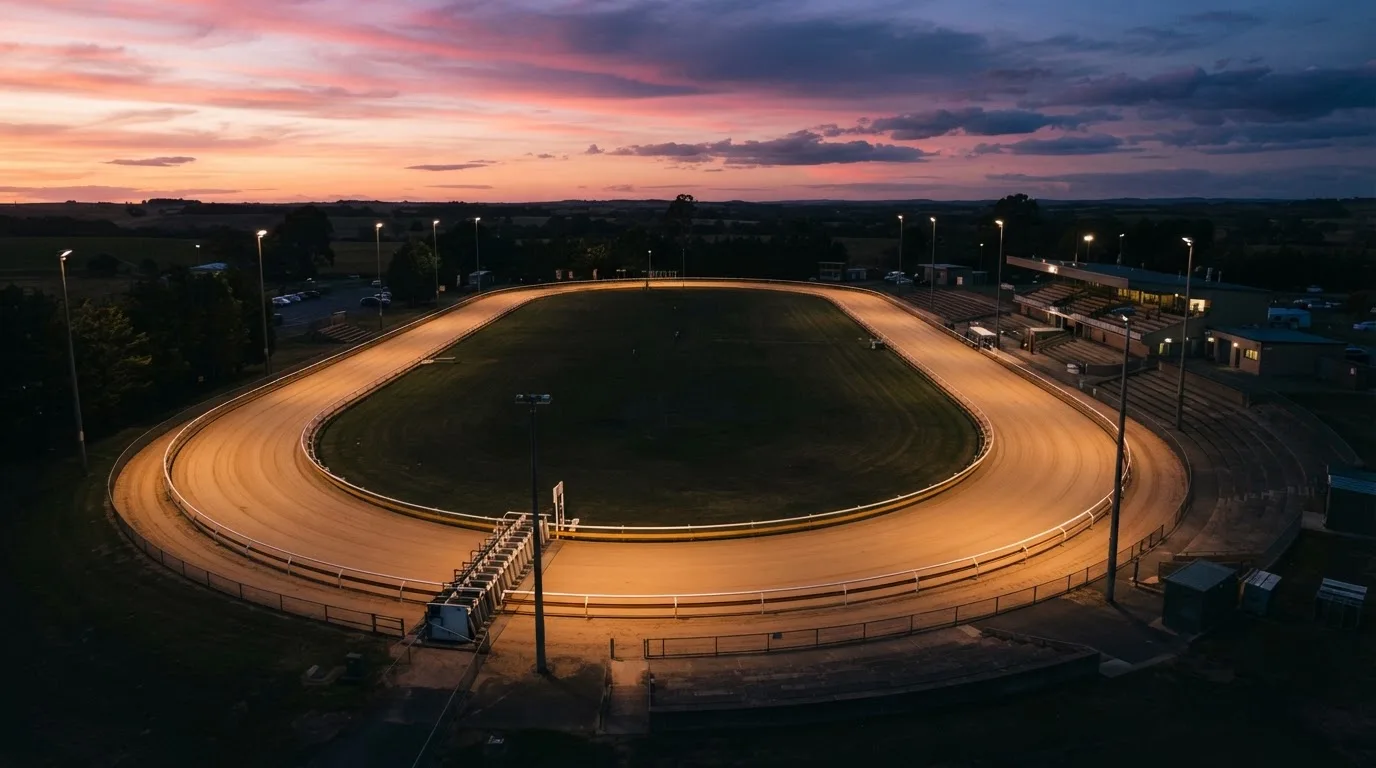 Un estadio de fútbol vacío con torres de iluminación al atardecer