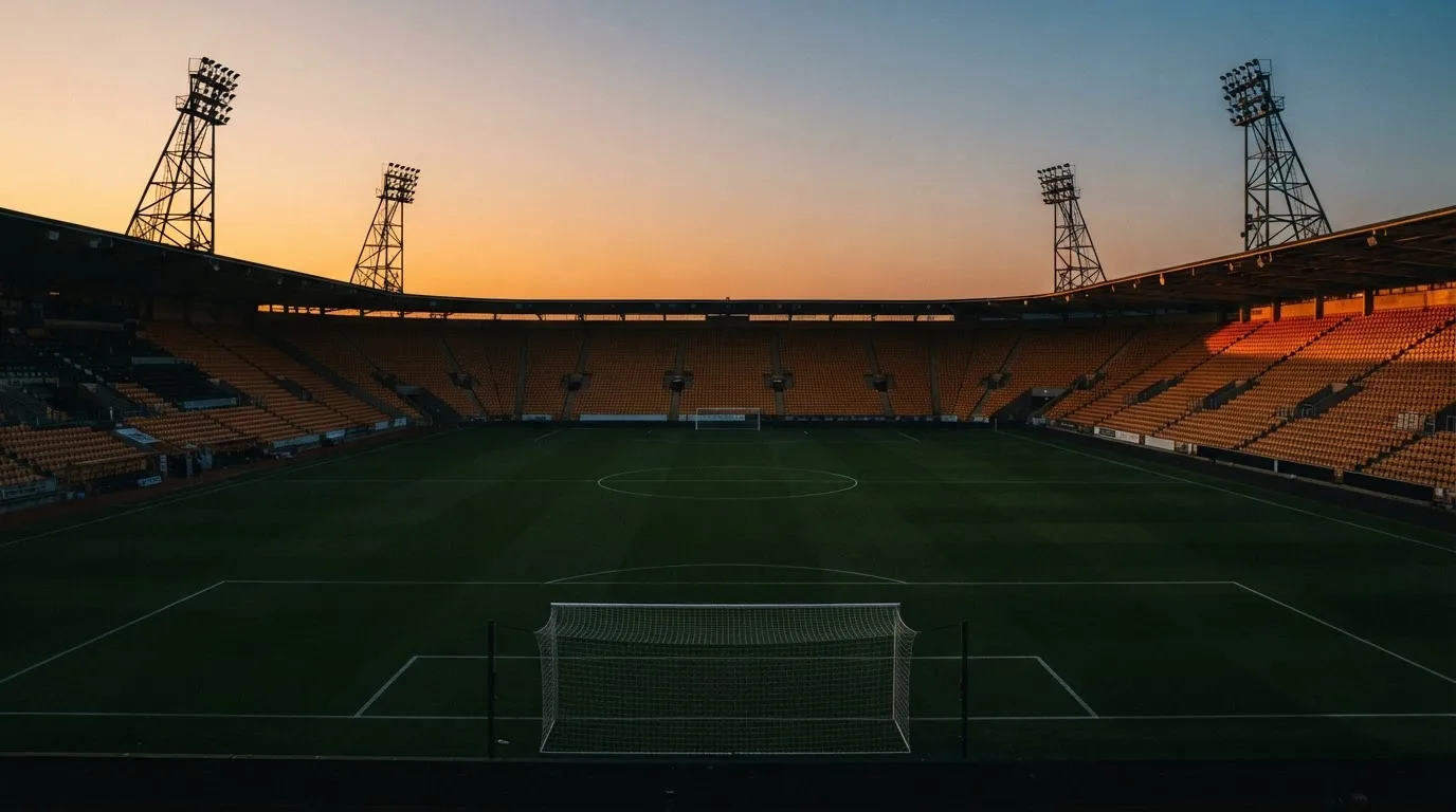 Un estadio de fútbol vacío con torres de iluminación al atardecer