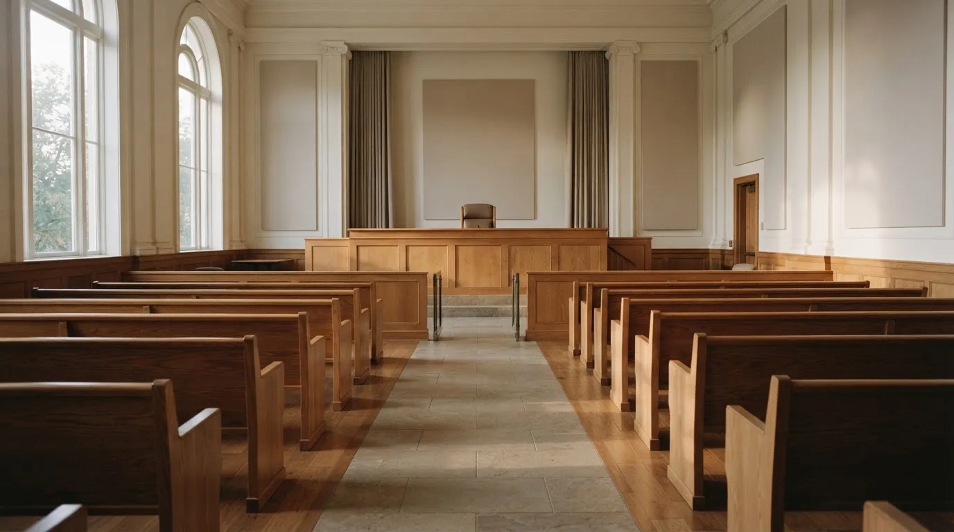 Una sala de tribunal vacía con bancos de madera a la luz de la mañana