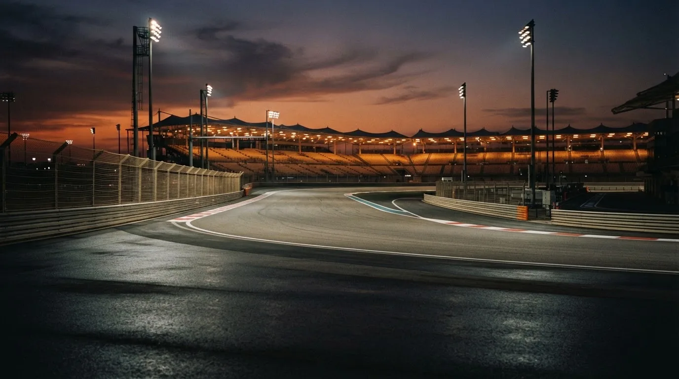 Un estadio de fútbol vacío con torres de iluminación al atardecer