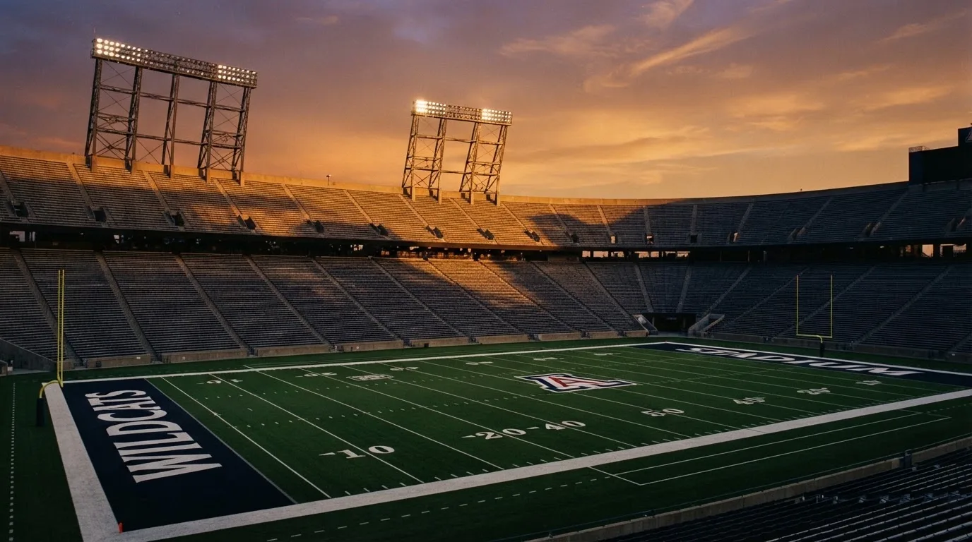 Un estadio de fútbol vacío con torres de iluminación al atardecer