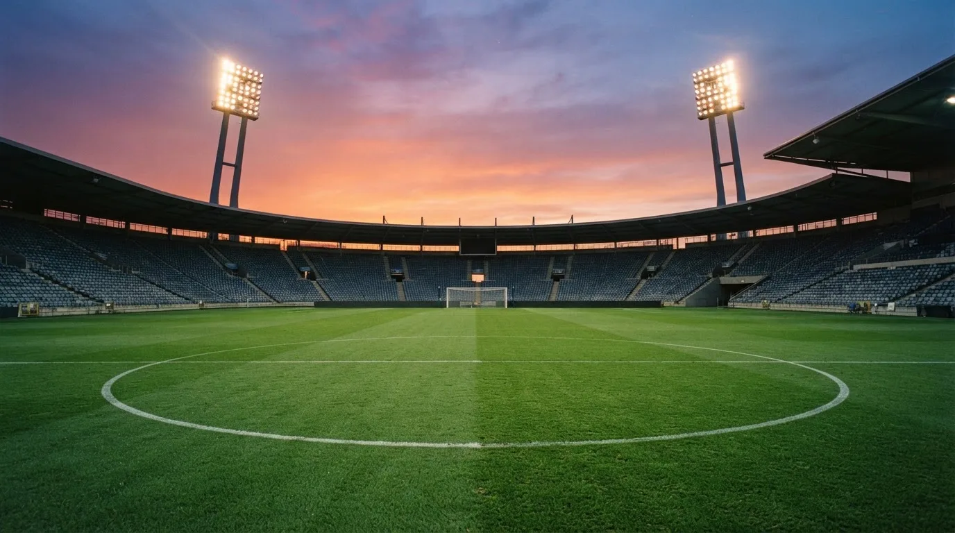 Un estadio de fútbol vacío con torres de iluminación al atardecer