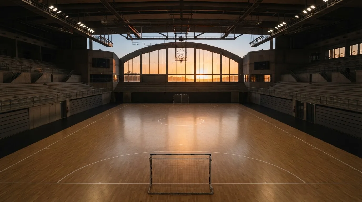 Un estadio de fútbol vacío con torres de iluminación al atardecer