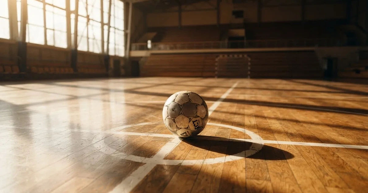 Un balón en el punto central de un campo de césped a la luz de la mañana
