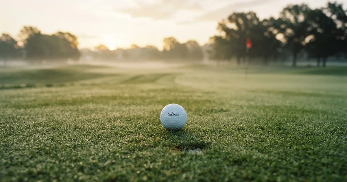 Un balón en el punto central de un campo de césped a la luz de la mañana
