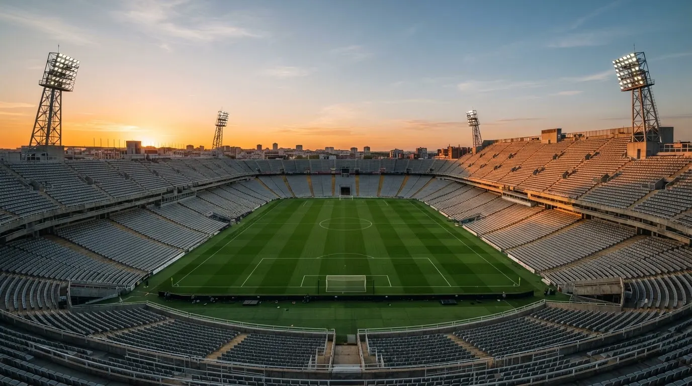 Un estadio de fútbol vacío con torres de iluminación al atardecer