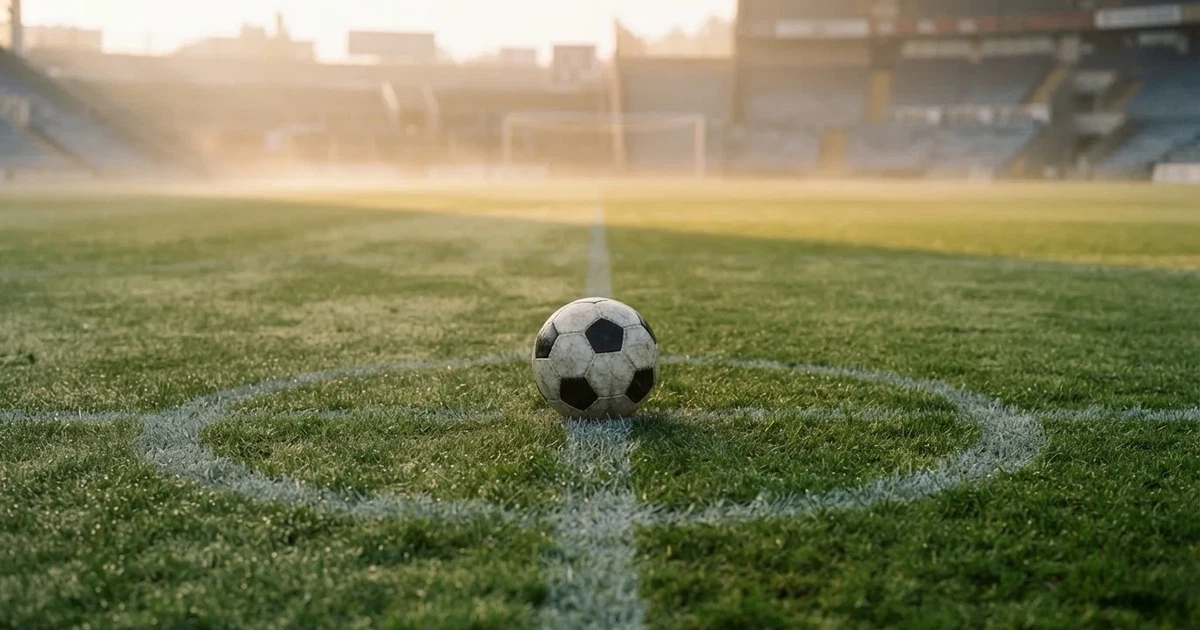 Un balón en el punto central de un campo de césped a la luz de la mañana