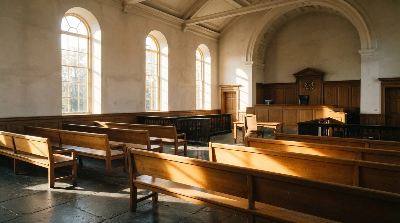 Una sala de tribunal vacía con bancos de madera a la luz de la mañana