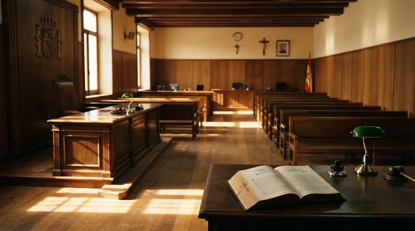 Una sala de tribunal vacía con bancos de madera a la luz de la mañana