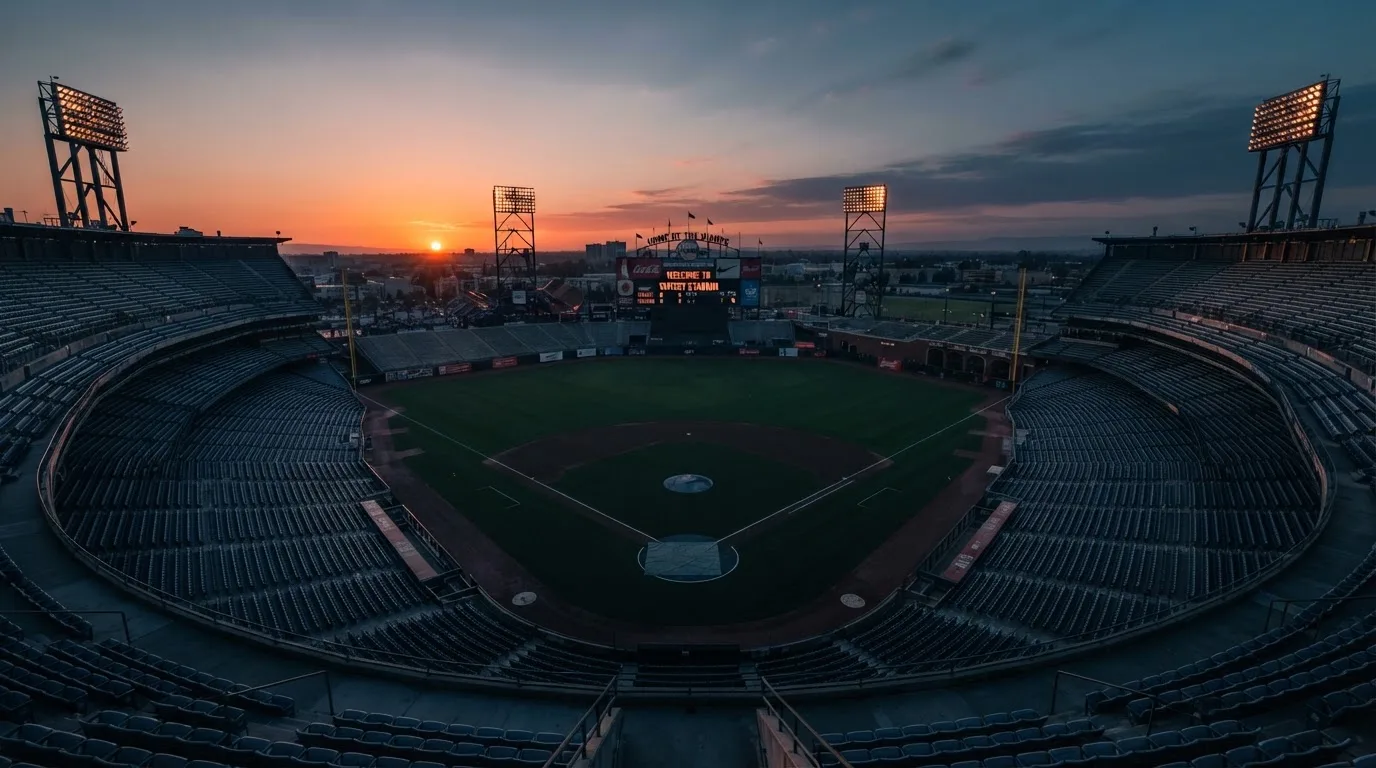 Un estadio de fútbol vacío con torres de iluminación al atardecer