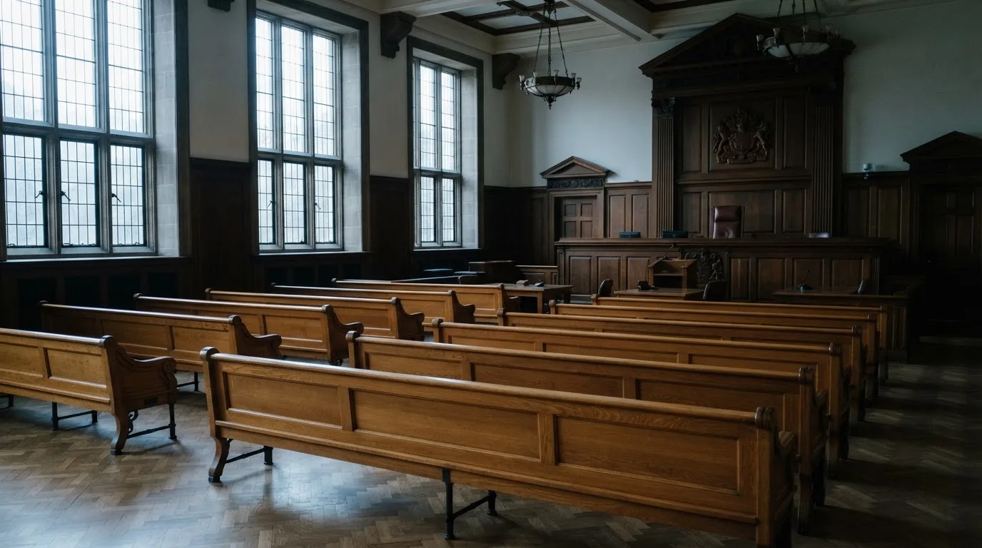 Una sala de tribunal vacía con bancos de madera a la luz de la mañana