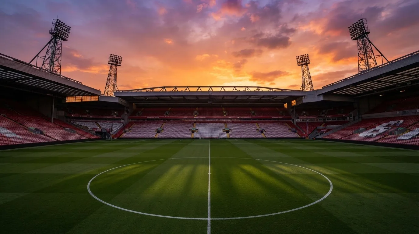 Un estadio de fútbol vacío con torres de iluminación al atardecer