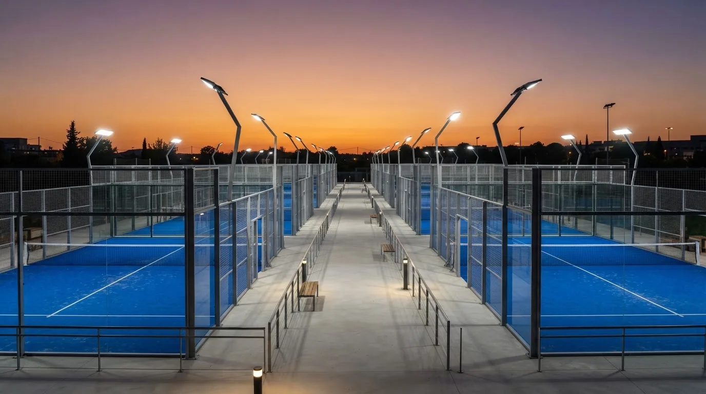 Un estadio de fútbol vacío con torres de iluminación al atardecer