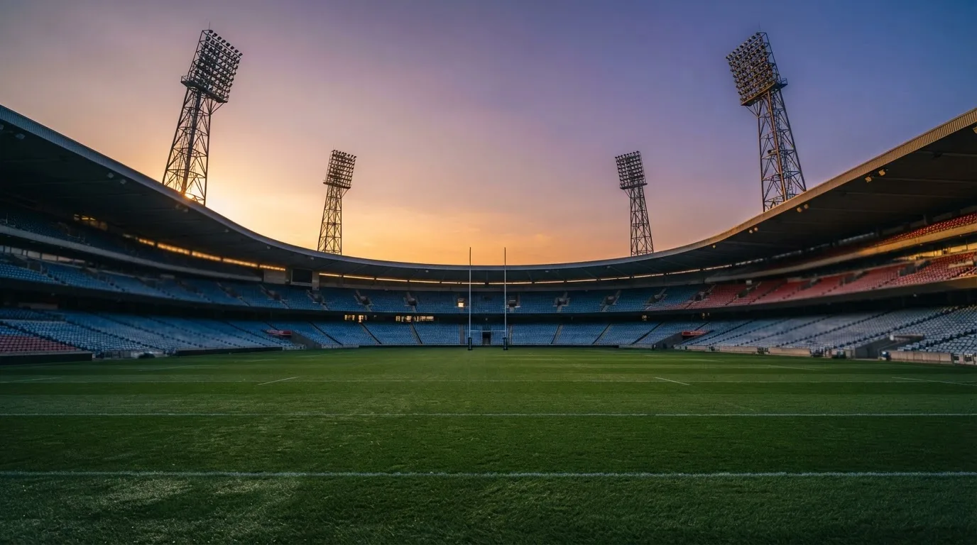 Un estadio de fútbol vacío con torres de iluminación al atardecer