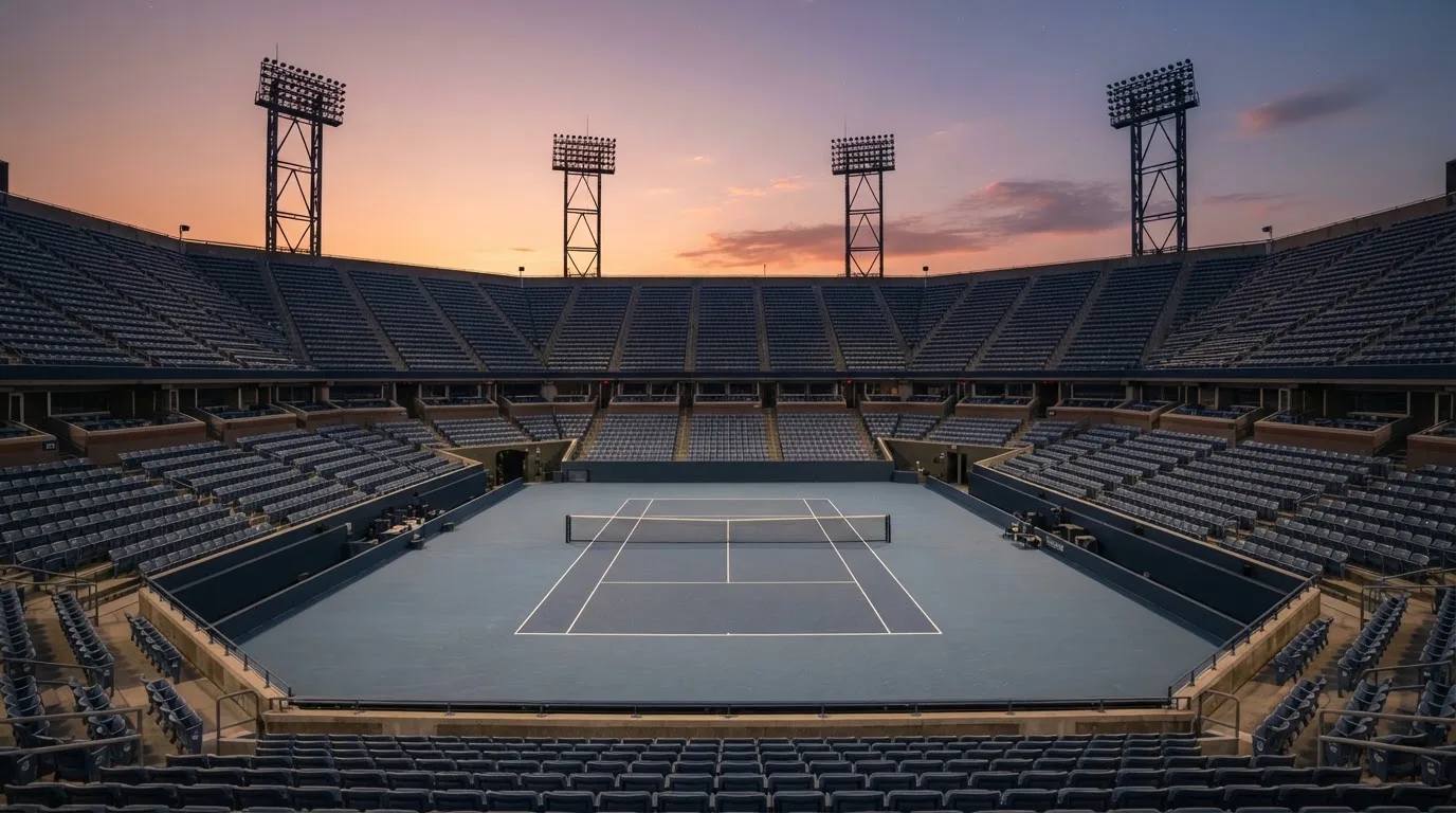 Un estadio de fútbol vacío con torres de iluminación al atardecer