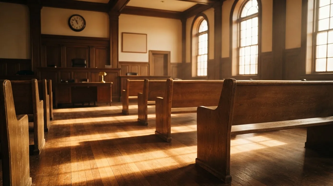 Una sala de tribunal vacía con bancos de madera a la luz de la mañana