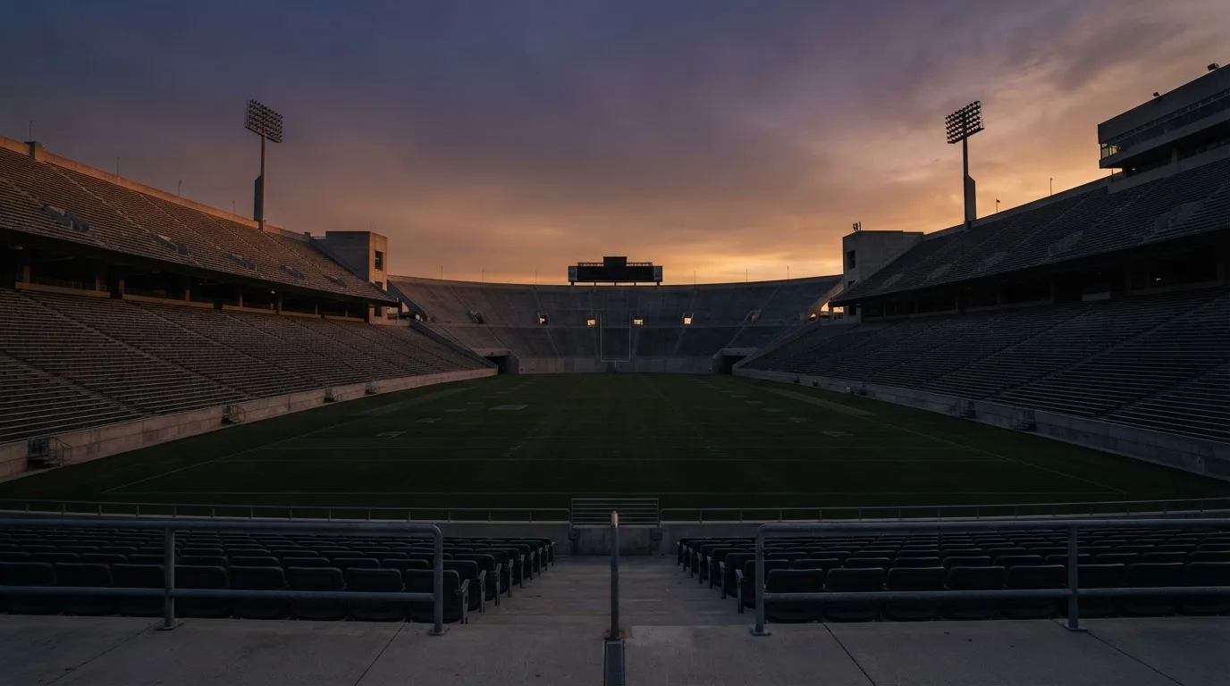Un estadio de fútbol vacío con torres de iluminación al atardecer