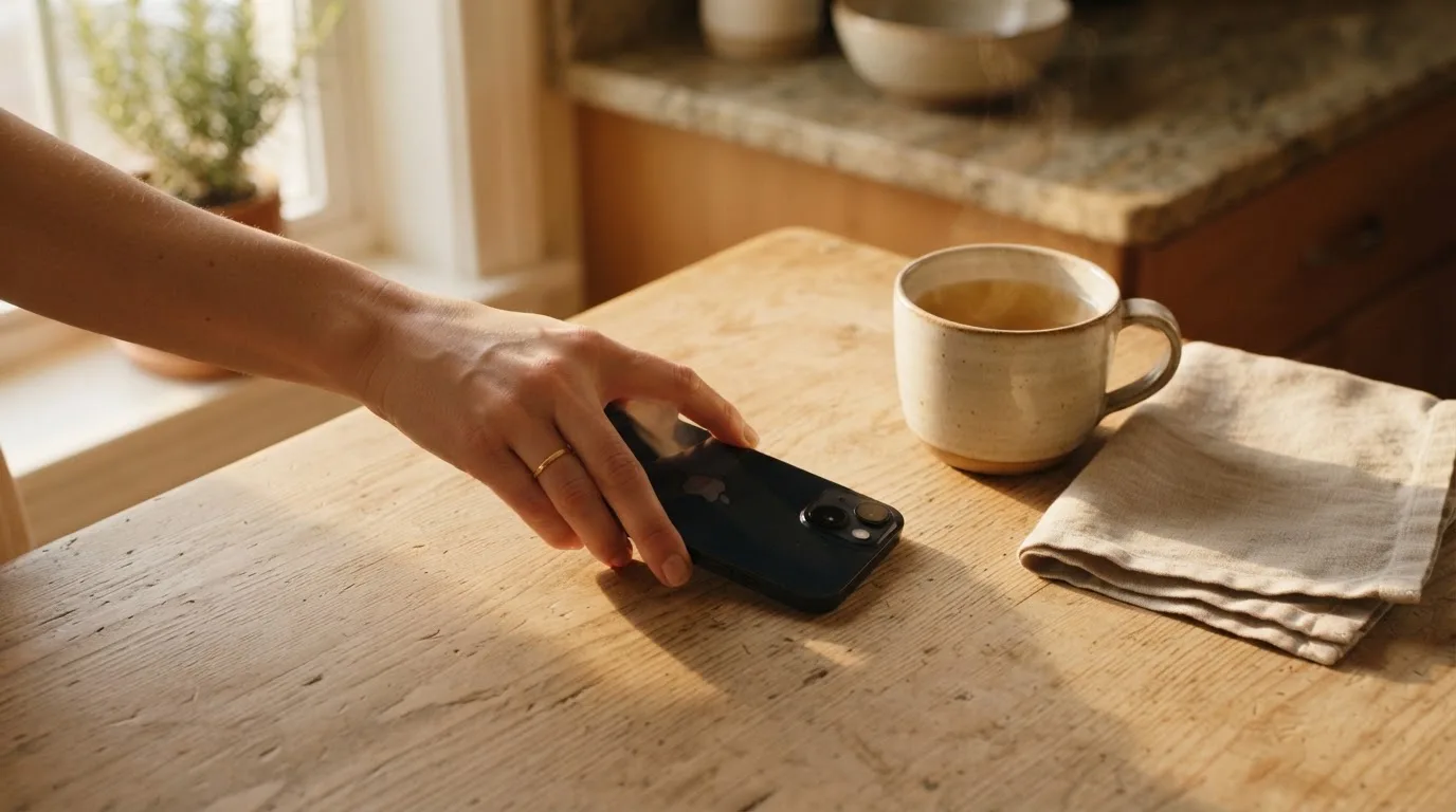 Una mano deja un móvil junto a una taza de té sobre la mesa de la cocina, una tarde tranquila