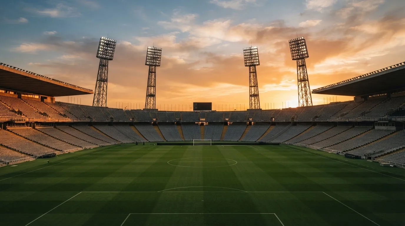 Un estadio de fútbol vacío con torres de iluminación al atardecer