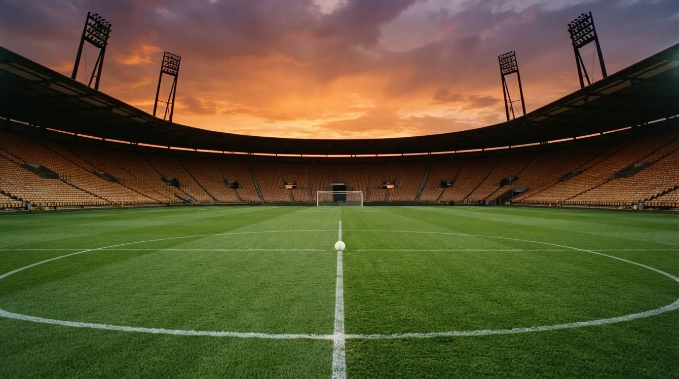 Un estadio de fútbol vacío con torres de iluminación al atardecer