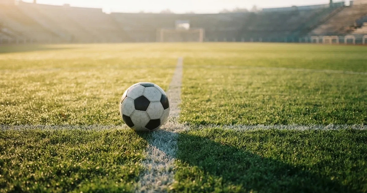 Un balón en el punto central de un campo de césped a la luz de la mañana