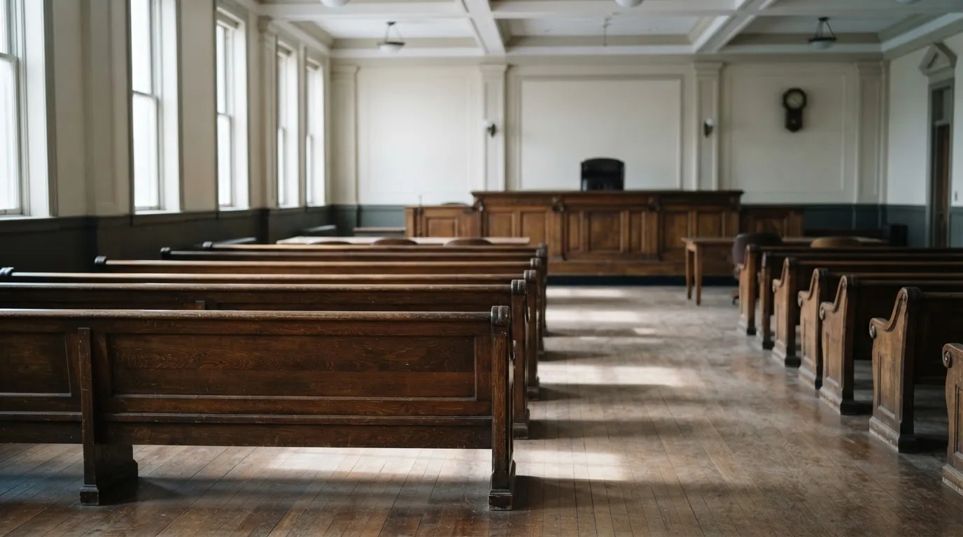 Una sala de tribunal vacía con bancos de madera a la luz de la mañana