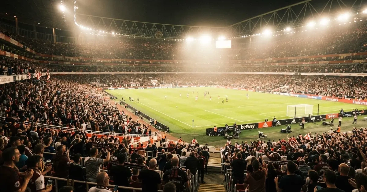 Un pabellón deportivo lleno bajo los focos, fotografiado desde muy lejos