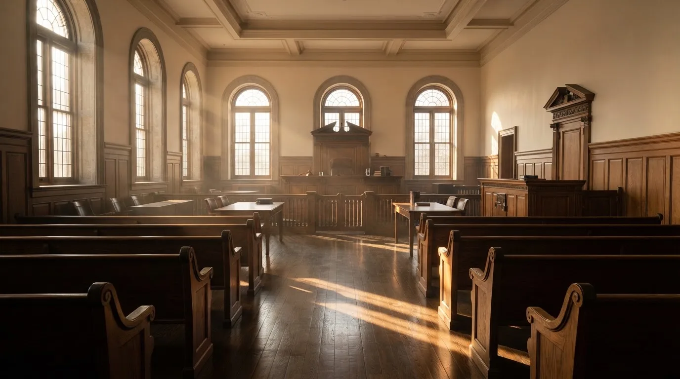Una sala de tribunal vacía con bancos de madera a la luz de la mañana