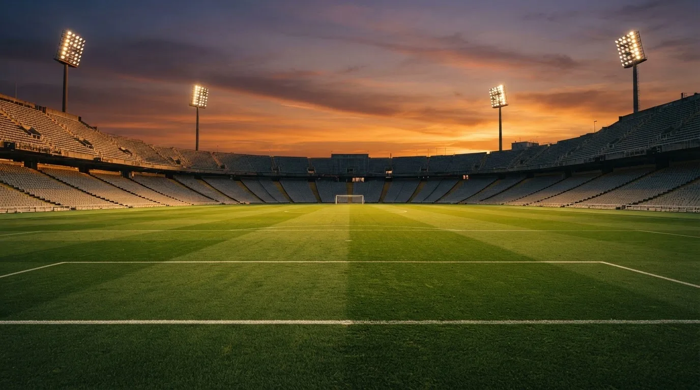 Un estadio de fútbol vacío con torres de iluminación al atardecer