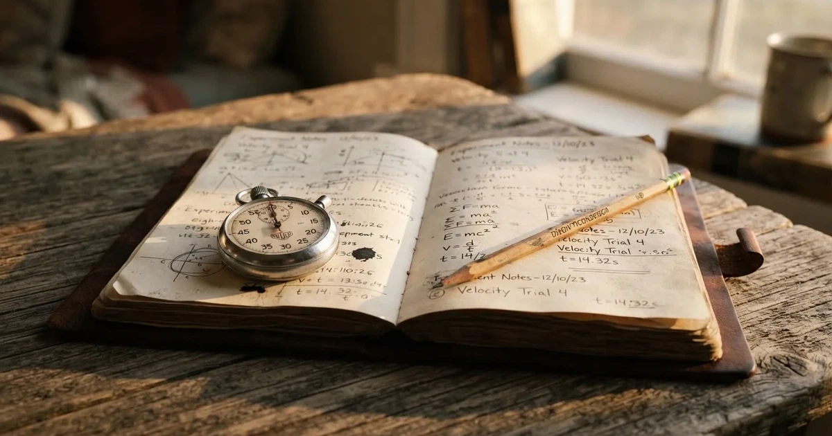Un cuaderno abierto con un lápiz y un cronómetro sobre una mesa de madera