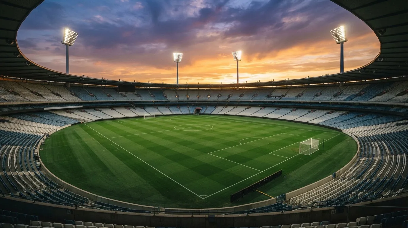 Un estadio de fútbol vacío con torres de iluminación al atardecer