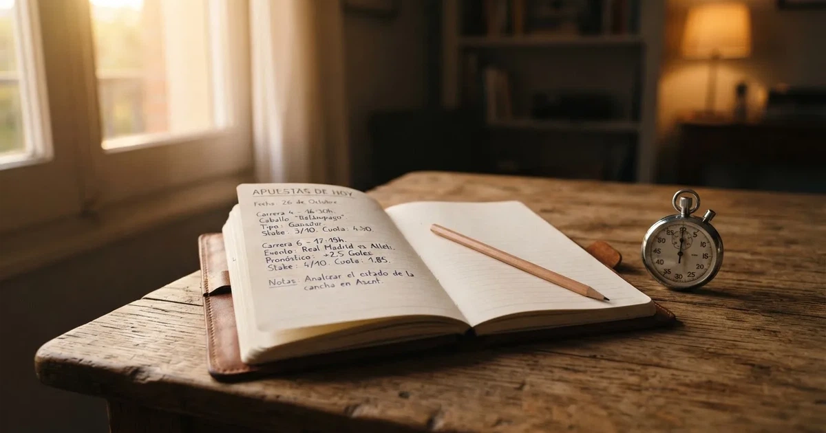 Un cuaderno abierto con un lápiz y un cronómetro sobre una mesa de madera