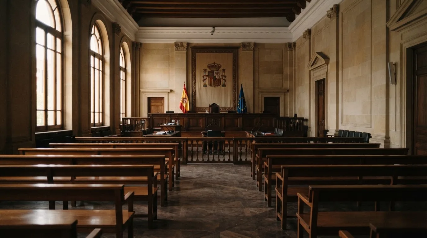 Una sala de tribunal vacía con bancos de madera a la luz de la mañana