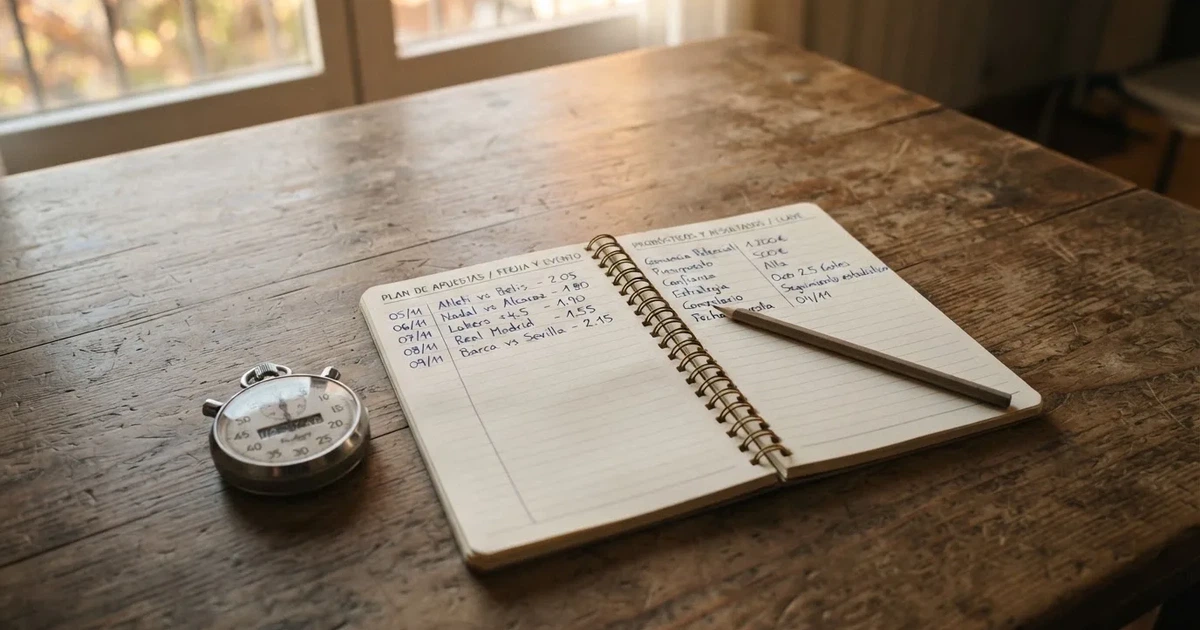 Un cuaderno abierto con un lápiz y un cronómetro sobre una mesa de madera