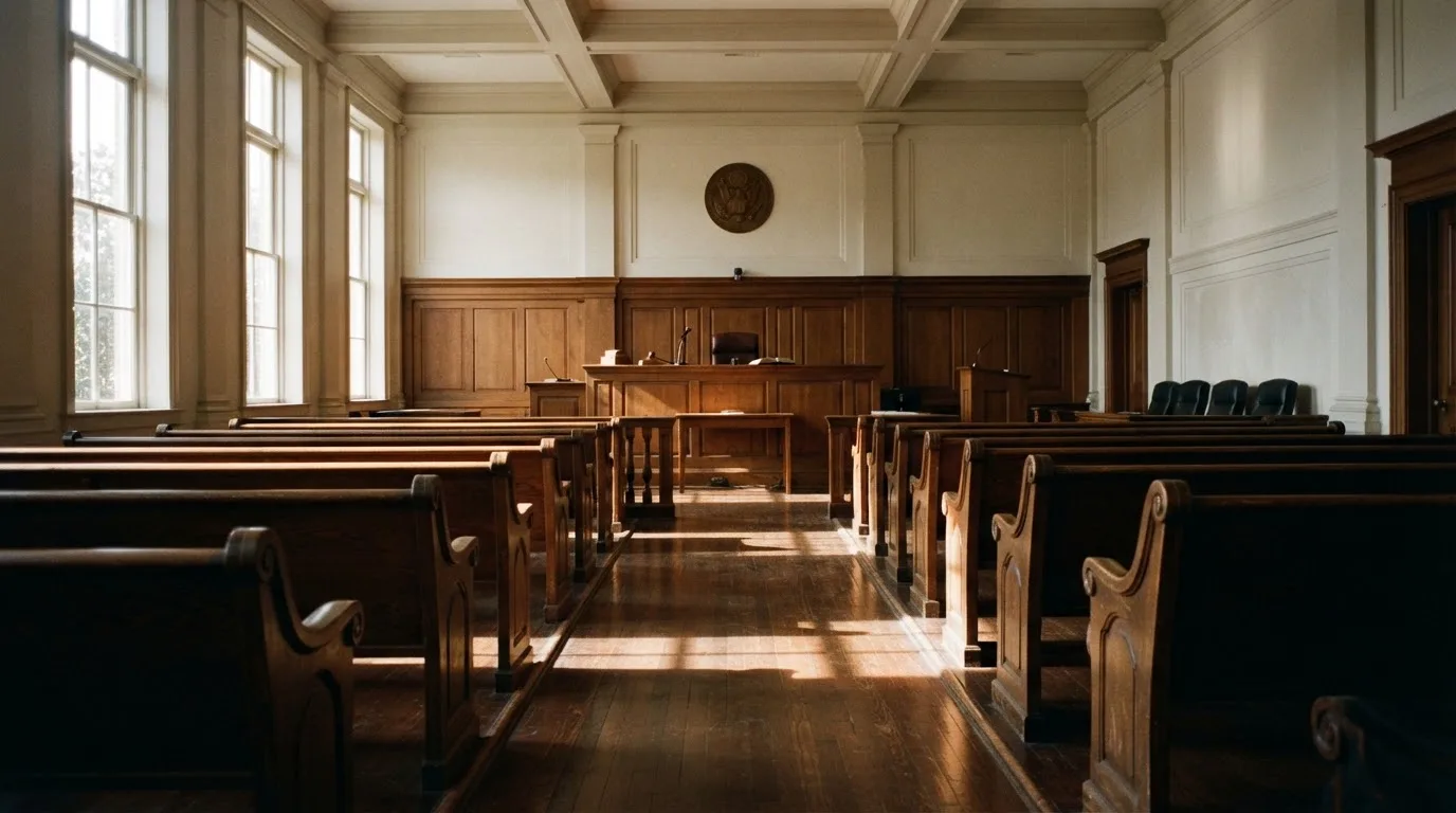 Una sala de tribunal vacía con bancos de madera a la luz de la mañana