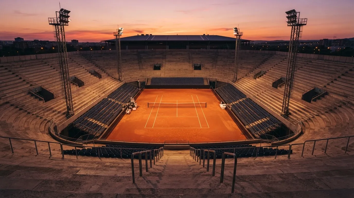 Un estadio de fútbol vacío con torres de iluminación al atardecer