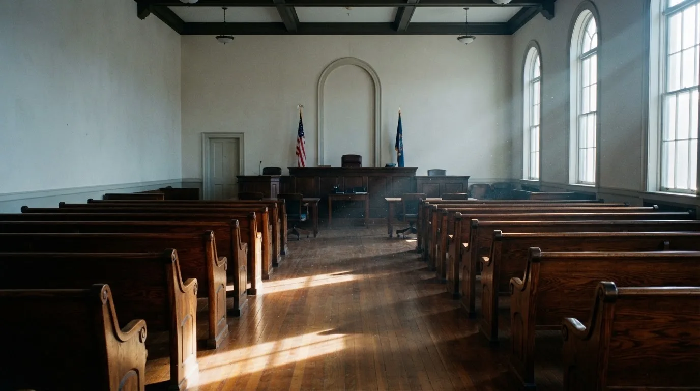 Una sala de tribunal vacía con bancos de madera a la luz de la mañana